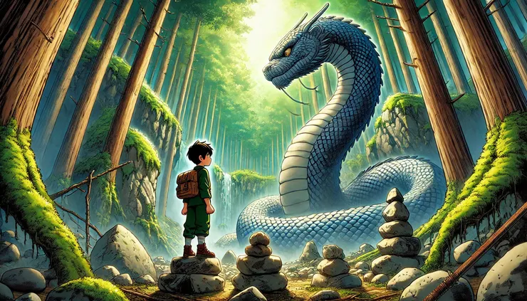 小旭緊張地抬頭，只見一條身形粗壯的大蛇盤踞在洞穴內部。牠的鱗片如岩石般堅硬，閃著微微的銀光。