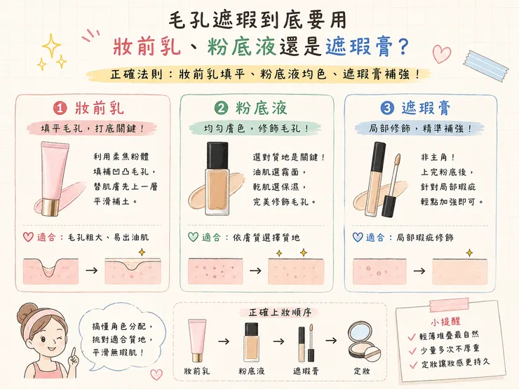 毛孔遮瑕到底用妝前乳、粉底液還是遮瑕膏?正確順序:妝前乳填平毛孔+粉底液均色+遮瑕膏補強,油肌粗大毛孔不卡粉自然隱形