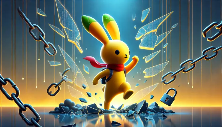 樂尼兔勇敢地穿越一個發光的透明屏障，屏障上的裂痕象徵著打破束縛。