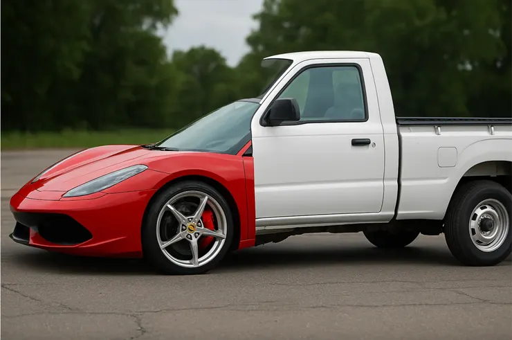 請他生成一台車子，它前面想的是跑車，後面想的是卡車。