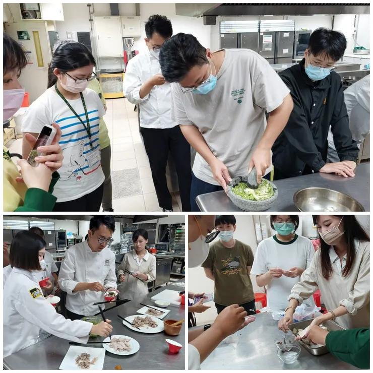 學員實作，(上圖)搗韭花醬，(左下)韭花醬佐各種肉品試吃 (右下)包紫藤花餛飩