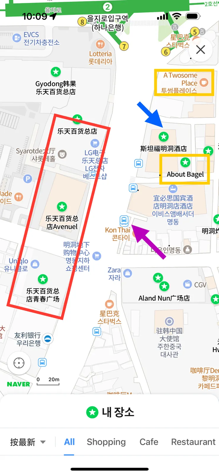 紅色框的是3間樂天百貨連成一氣，藍色的箭頭是斯坦福飯店，黃色框是About bagel 跟Atwosome咖啡，紫色箭頭是仁川機場飯店6015號，站牌ibis飯店。