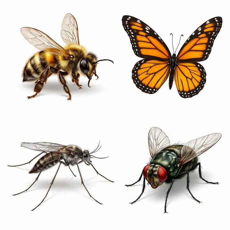 四隻昆蟲的細緻插畫