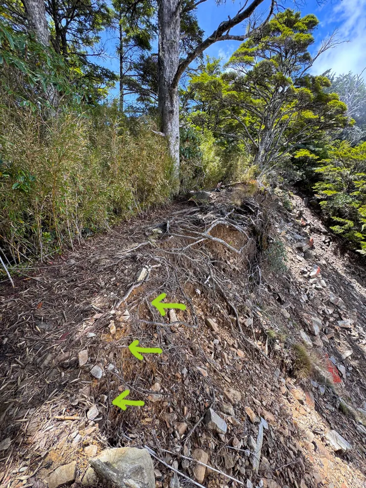 這裡邊坡地基明顯己流失（綠色箭頭處），通過此處需小心