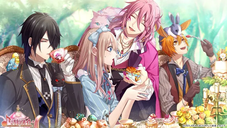 白線茶會:左至右分別為黑兔雷因、愛麗絲女主愛日梨、柴郡貓米涅特、三月兔尼洛