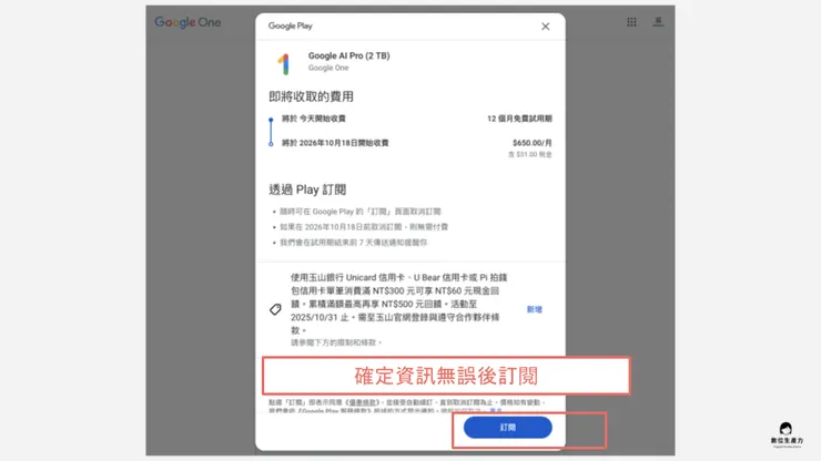 02 申請步驟｜⑦ 確定資訊無誤後訂閱｜確認資訊