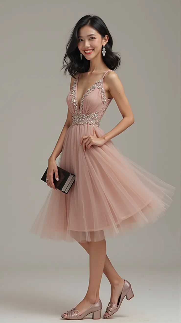 A-line tulle dress, diamond studs, satin flats, box clutch