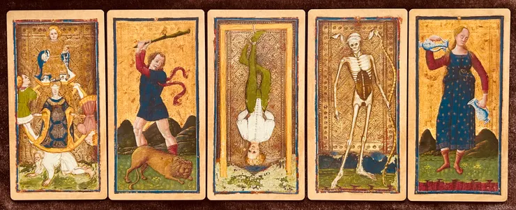 圖：左至右 - 命運之輪、力量、吊人、死神、節制