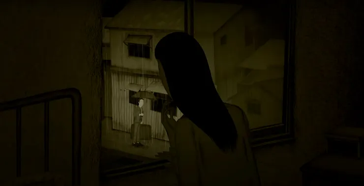 以這個高度來看可以看出並不是從閣樓的房間往男主的位置看,從男主旁的房子高度推斷大約是2樓