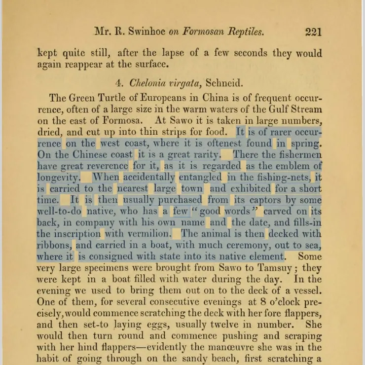 Swinhoe, Robert. "A list of the Formosan reptiles, with notes on a few of the species, and some remarks on a fish." Annals and Magazine of Natural History XII (1863): 219-226.