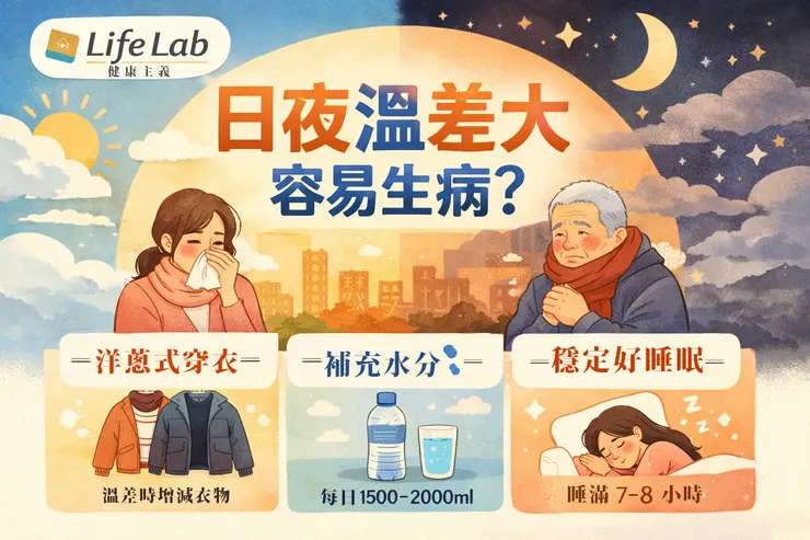 日夜溫差大容易生病的健康資訊圖，提醒洋蔥式穿衣、每日補充1500–2000ml水分與睡滿7–8小時。Image by Frankie