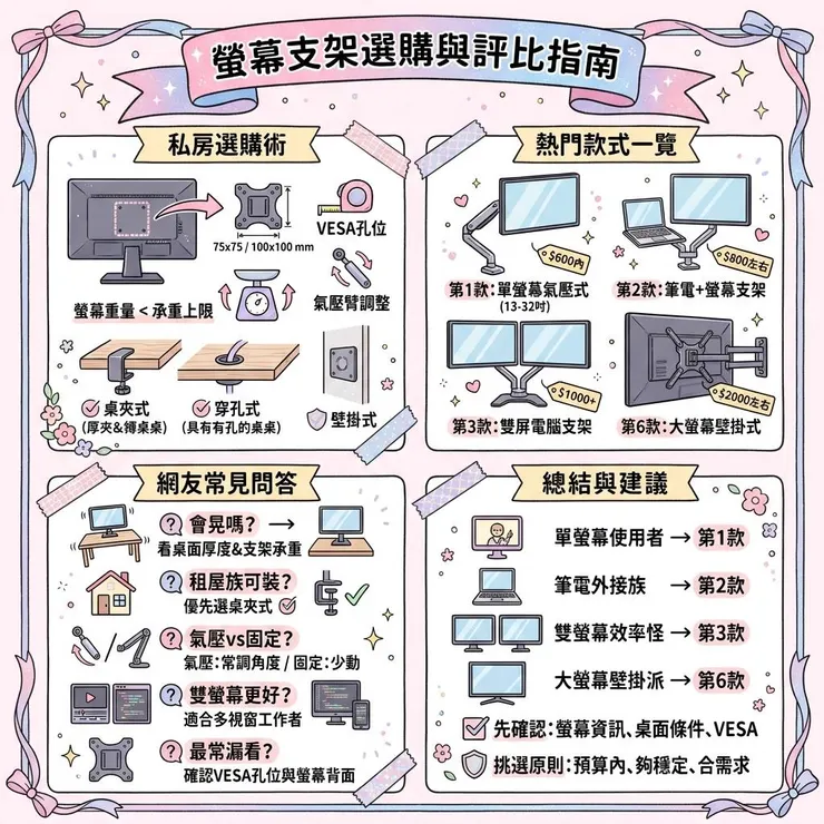 【螢幕支架推薦】桌面亂又螢幕太低？2026 Dcard/PTT 6 款氣壓、雙螢幕款實比