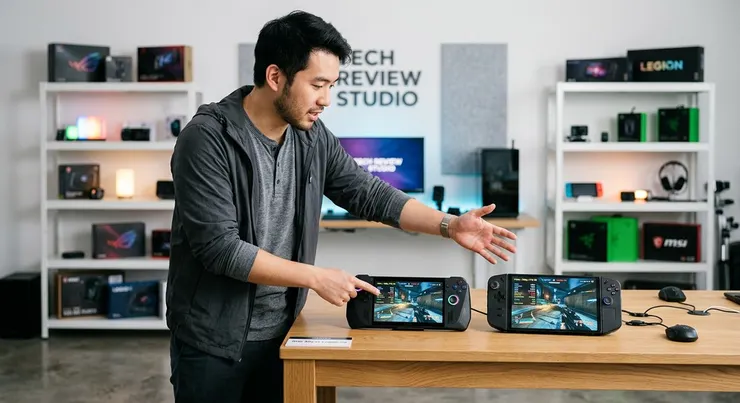 梁練偉在展示區比較 ROG Ally 與 Legion Go 的螢幕與設計，為玩家提供詳細選購建議。