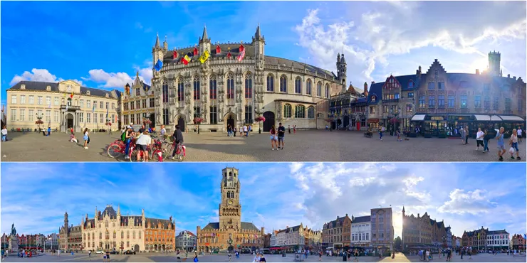 【布魯日雙廣場，手機拍的全景照。上：城堡廣場，醒目建築為市政廳；下：集市廣場，突出建物為鐘樓。】