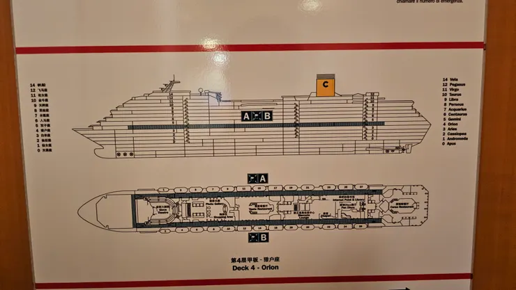 這是歌詩達郵輪莎倫娜號房間門後面的逃生演習甲板平面圖!