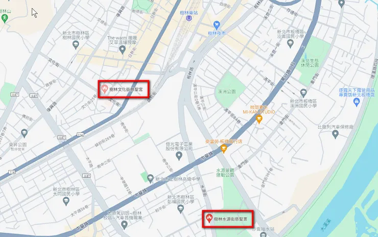 兩間慈聖宮與樹林火車站的相對位置