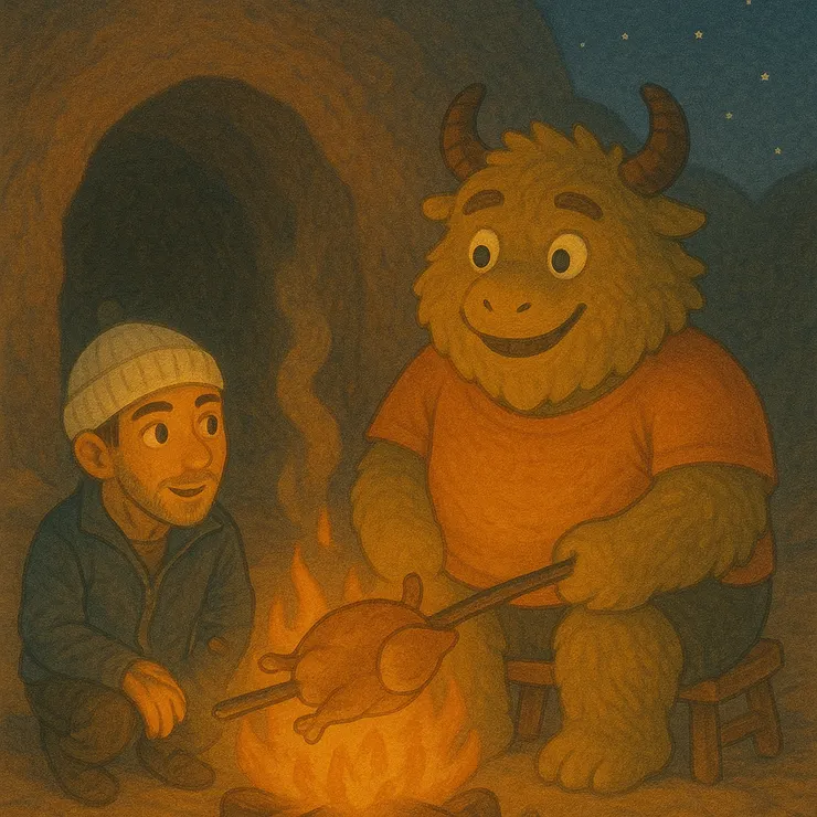 後來巨獸又回到火邊，心裡總覺得那一盤雞肉應該好好回請給別的旅人。