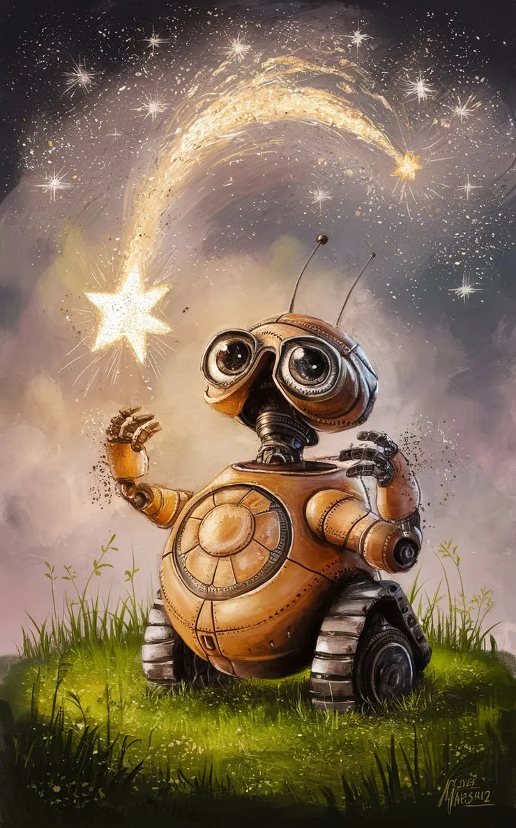 A captivating illustration of a unique robotic entity with large, round eyes, standing in a serene grassy patch. The robot is looking up at a shooting star. The sky above the robot is filled with a breathtaking display of stars, adding a touch of mystery and wonder. The overall color palette is warm and inviting, drawing the viewer's attention to the fascinating robot and its charming companions., painting, illustration