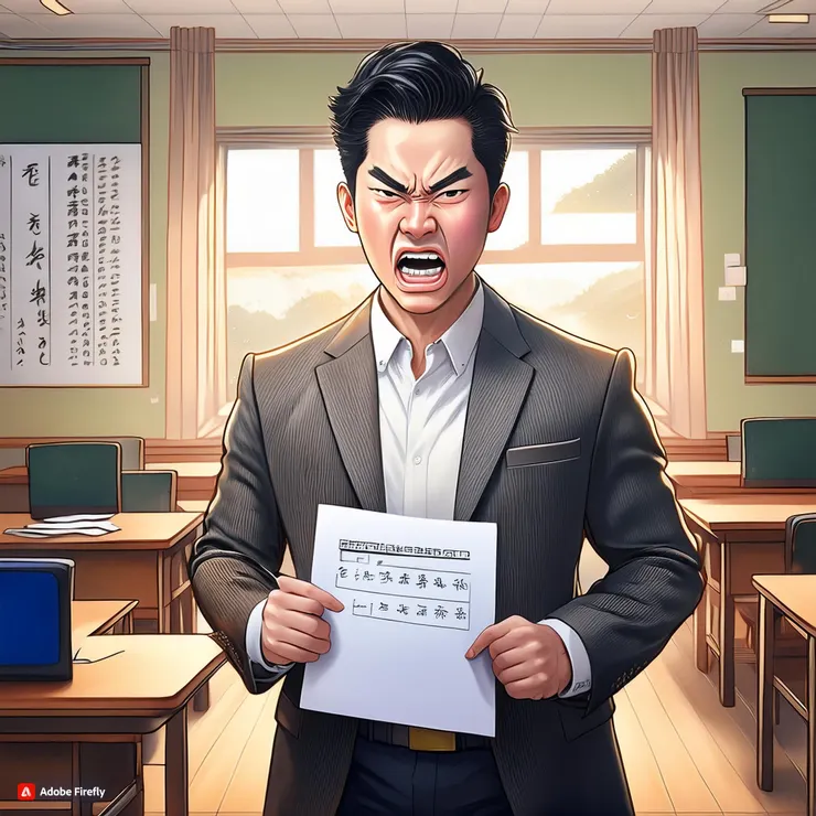 一位拿著火星文考卷生氣中的老師 (小昕咒語Adobe繪圖)