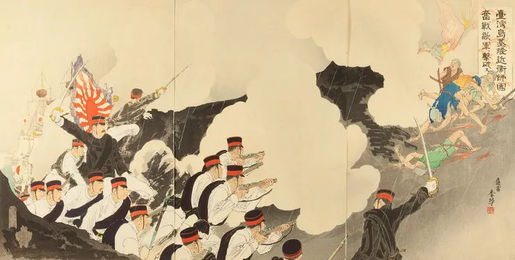 日軍近衛師團於基隆與義軍交戰,其圖日軍中間的指揮官應該就是北白川宮能久親王。The Imperial Guard Defeats the Enemy in Hard Fighting at Jilong on the Island of Taiwan - Google Art Project