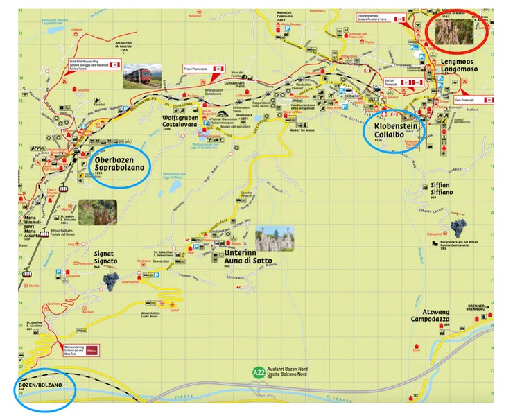 Bolzano坐纜車，到Oberbozen Soprabolzano再換小火車，抵達Collarbo再步行約半小時去看大地金字塔(右上角紅色圈起來之處)