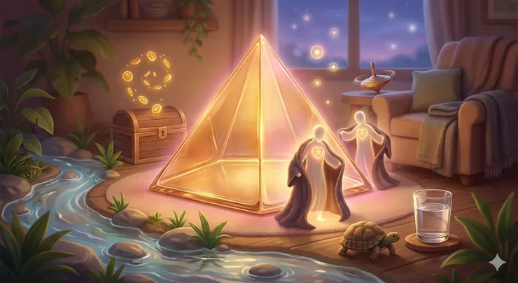 溪水旁放著一杯水，提醒喝水（好可愛的意境）