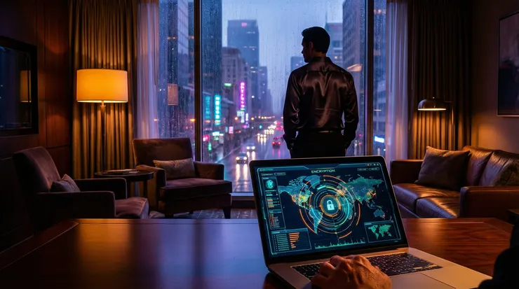 深夜的高級套房內，燈光映照著顯示加密矩陣的筆電，這是一場關於隱私與技術的無聲對抗。