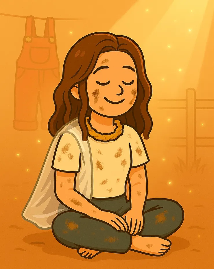 太陽出來後，我坐在角落曬著身上的泥， 塑膠袋被風吹得亮亮的， 紅吊帶褲也在欄杆上發著光。  我突然覺得— 原來太陽也懂幽默， 它什麼都沒多說， 就只是讓我全身慢慢變乾， 好像在替我收尾一場糗事。  有時候，宇宙療癒的方式就是這麼自然， 把狼狽曬成笑點， 把糗事變成奇蹟。🌞