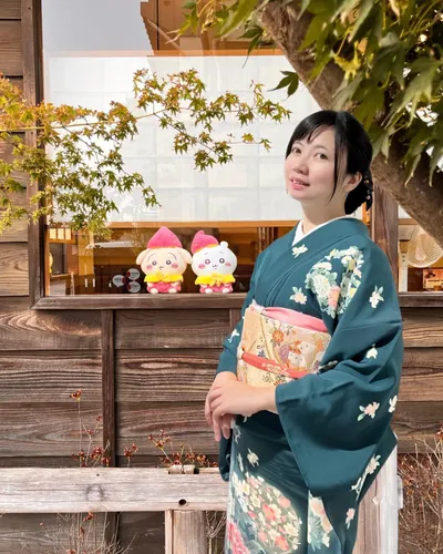 和服日常穿搭｜青碧色友禪染花丸紋正絹訪問著