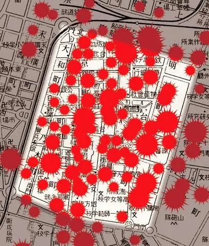 1945年5冃31日美軍大空襲台北 市區落彈狀況。圖片來自維基百科