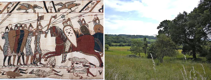 貝葉掛毯描繪諾曼地騎兵攻擊英格蘭步兵；現在的哈斯汀斯古戰場。