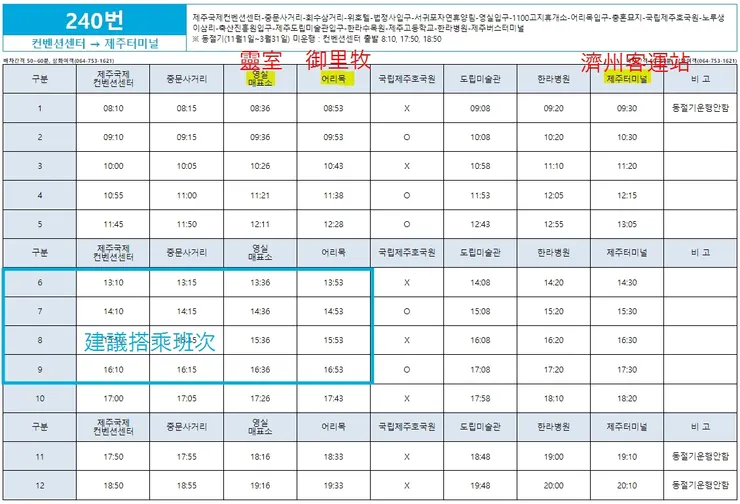 濟州公車240號時間表 2023.11