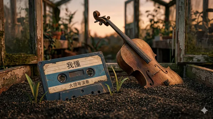 一卷被塵土與新芽半掩的懷舊錄音帶，與旁邊靜靜佇立的大提琴在荒野中破舊