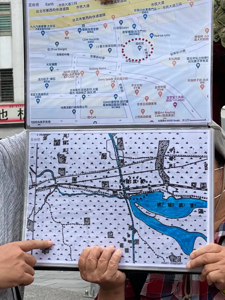 古今地圖對照，福佑宮前方的「大灣」陂塘