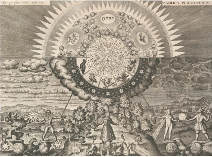 老馬特烏斯．梅里安（Matthaeus Merian the Elder，版畫家），出自約翰．丹尼爾．麥流士（Johann Daniel Mylius）的《論醫學化學》（Opus Medico-Chymicum，1618年）。 煉金術士站在中央，周圍是標有煉金術物質符號的樹叢。左邊是男人形象的太陽，身旁是煉金術之獅、鳳凰，以及球體的火與風；右邊則是女人形象的月亮，一隻雄鹿、一隻鷹，以及球體的水與地。上方是有翅膀的活物，代表賢者之石的創造階段，以及天使的級別與上帝之名。