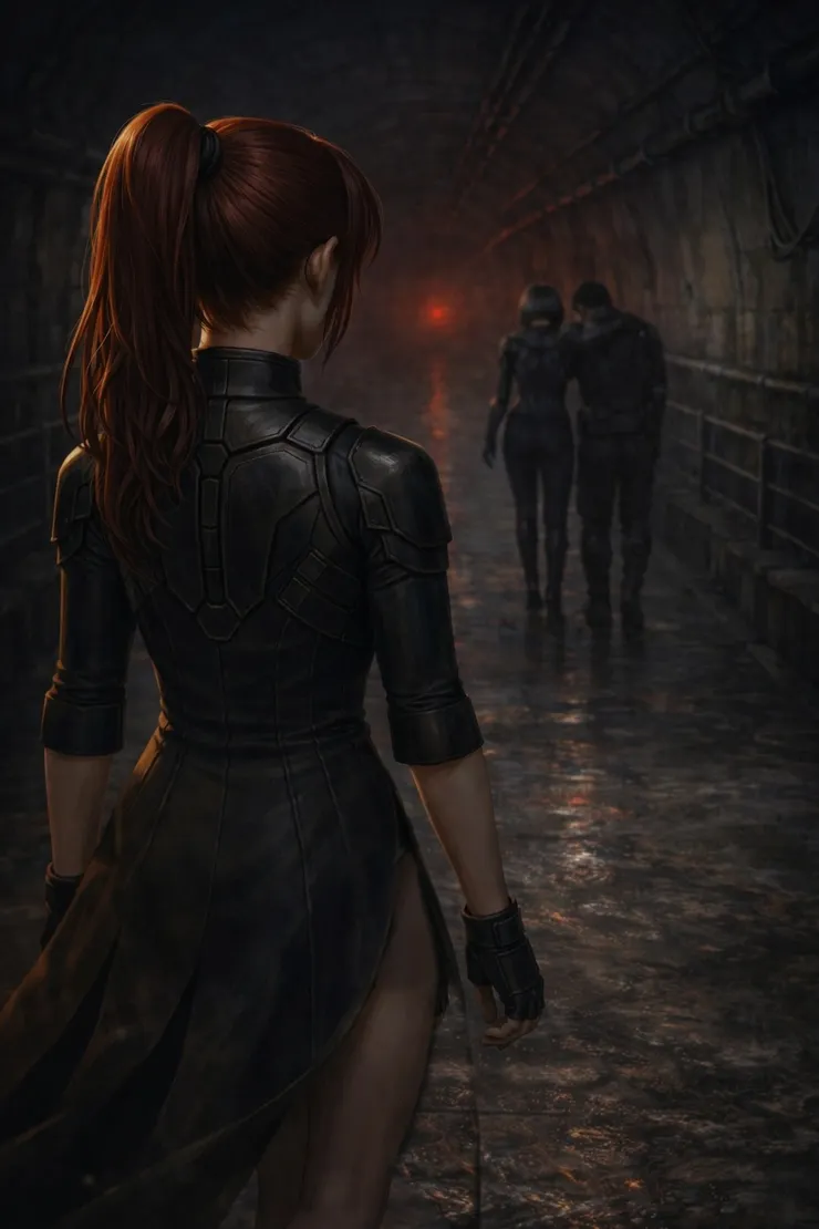 遠處優娜扶著陽翔前行，距離被拉成約50公尺。隧道盡頭深紅導航光閃爍。