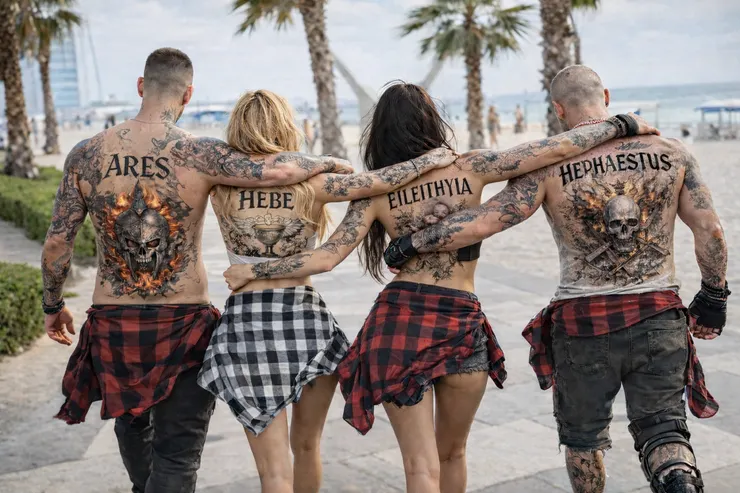 Juno的四個孩子——Ares、Hebe、Eileithyia、Hephaestus。每一個都帶著某種殘缺，像是純粹用秩序創造出來的代價。（AI生成圖片）