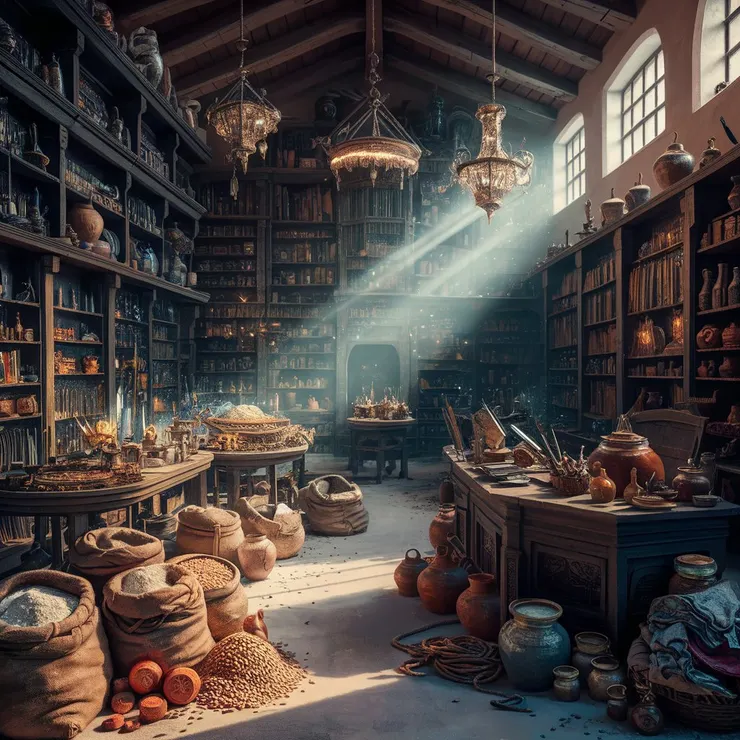 A captivating Dungeons & Dragons-inspired scene of a bustling fantasy store, filled to the brim with an incredible array of magical artifacts and everyday objects. The shelves, tables, and racks are meticulously arranged, displaying a mix of enchanted items and mundane objects. Sunlight streams through the windows, casting a captivating mix of light and shadow, while ornate chandeliers and terracotta vases shimmer. A sense of organized chaos reigns, with sacks of flour, rice, and legumes scattered across the plaster floor, alongside a rope and pile of clothes. A massive desk with brushes and jars of paint signifies that this store is a haven for adventurers and artists alike. The crowning jewel of the store is a magnificent 2-meter-tall copper armor, complete with a helmet and wielding a heavy sword standing proud on a corner.
