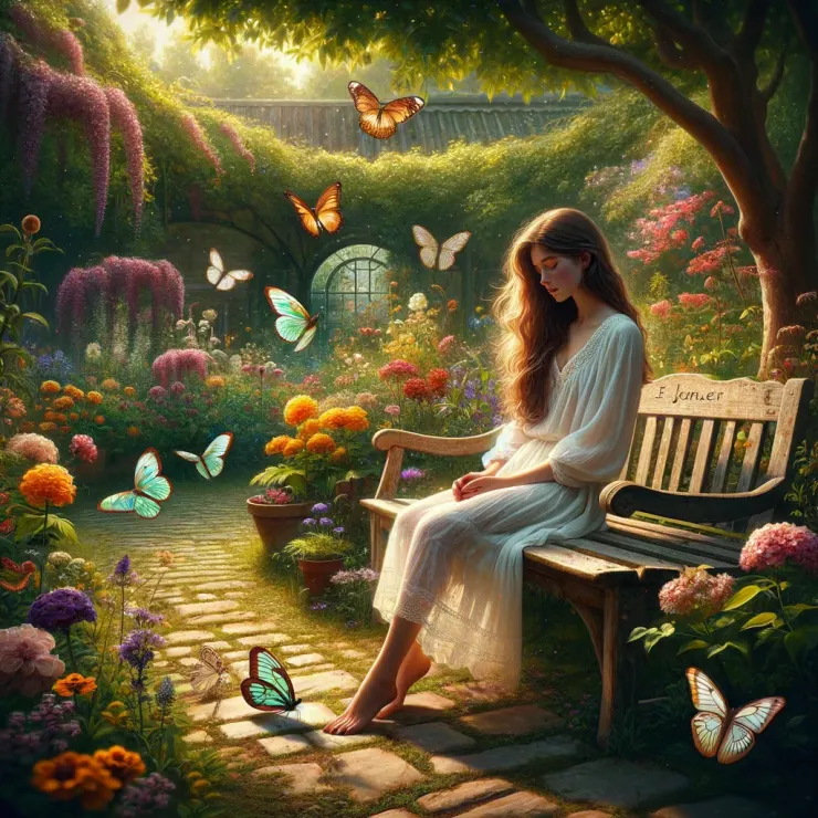 She has long, wavy brown hair and is wearing a simple white summer dress that flows around her as she sits, lost in thought.