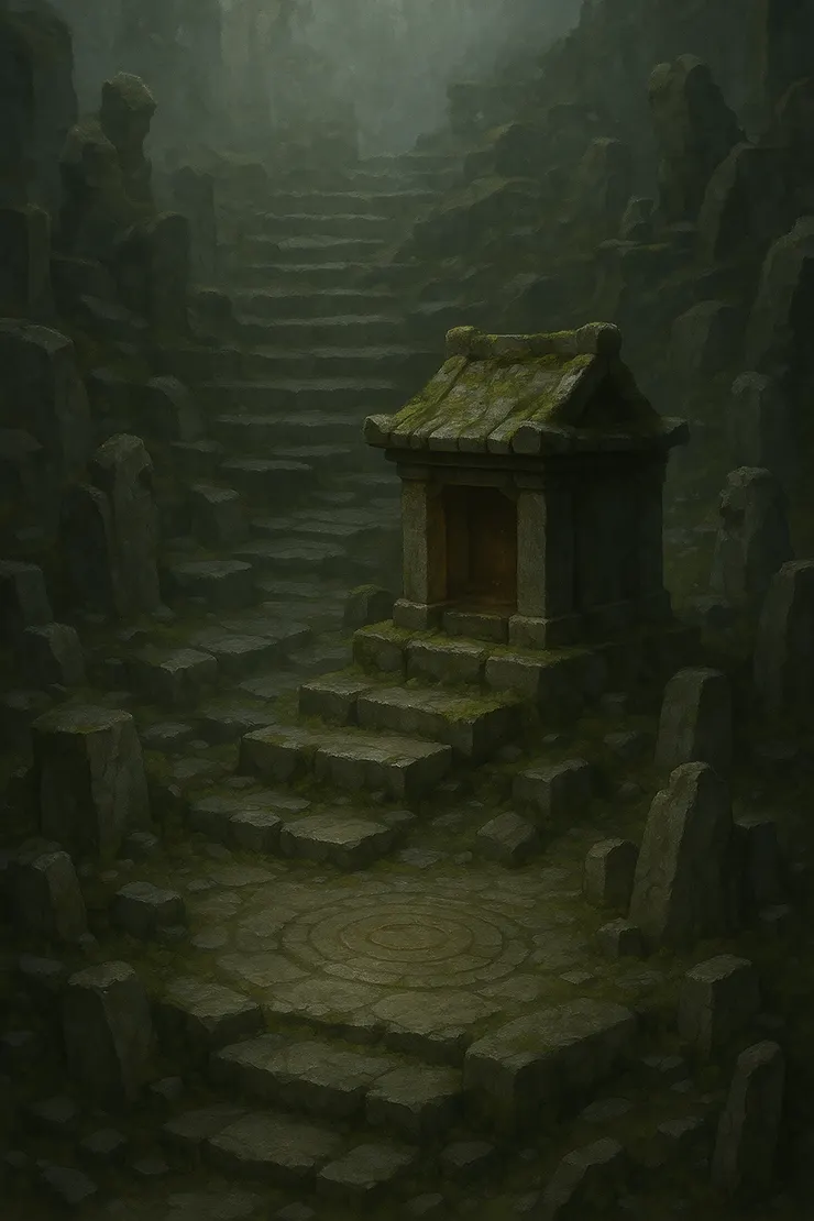 石造小廟，夢境中的場景更遼闊一些，不是這種窄路 - ChatGPT 