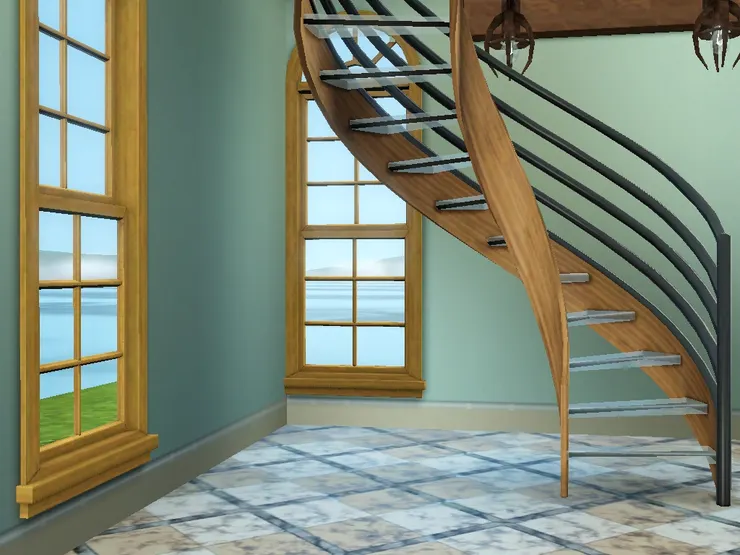 窗框和樓梯都是木質，看起來很溫暖。