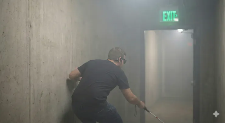 情境感官受限，視障者戴骨傳導耳機沿著牆蹲低探索。