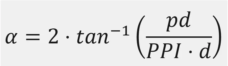 圖一、觀看角度 (α)、像素數量 (pd)、螢幕解析度(PPI)和眼睛和螢幕距離 (d) 的關係，我們最終須求得PPI，得出PPI便能知道在一英吋內需要塞入多少個像素，也就是螢幕製成需要做到多細緻的程度。注意: 觀看角度是指眼睛跟螢幕兩邊張出來的角度，而不是頭水平向下觀看螢幕的角度。