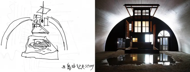 （左）我的滑稽速寫；（右）犬島精鍊所官網的攝影師精緻構圖