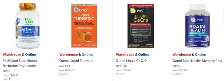 FEELGOOD 降血糖錠 $28.99、Qunol 液體薑黃 $31.99、Qunol 液體Q10 $33.99、Qunol 大腦健康記憶增強配方 $42.99。