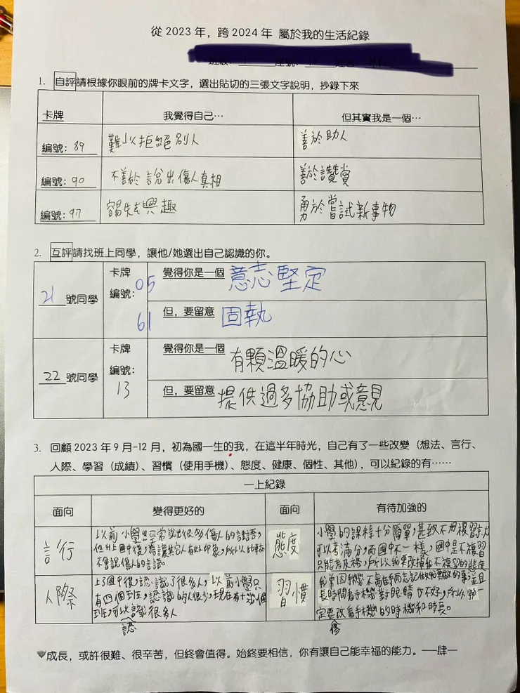 你是一個勇於嘗試新事物且善於助人的人，面對同學的表現，你也都能適時地給予鼓勵，謝謝你為班上帶來善的循環。期許你將善的特質，以及對於有興趣的事物的堅持呈現，放進課業的學習準備裡，提升對課業的興趣，加強自己準時完成課業的鼓勵，讓自己成為一個更好的學習者與有智慧的施予者。