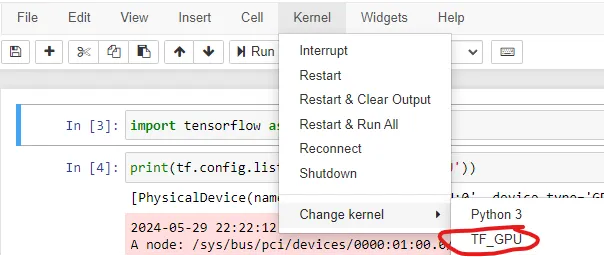 點選上方的"kernel"→"change kernel"後，選取要啟動的kernel