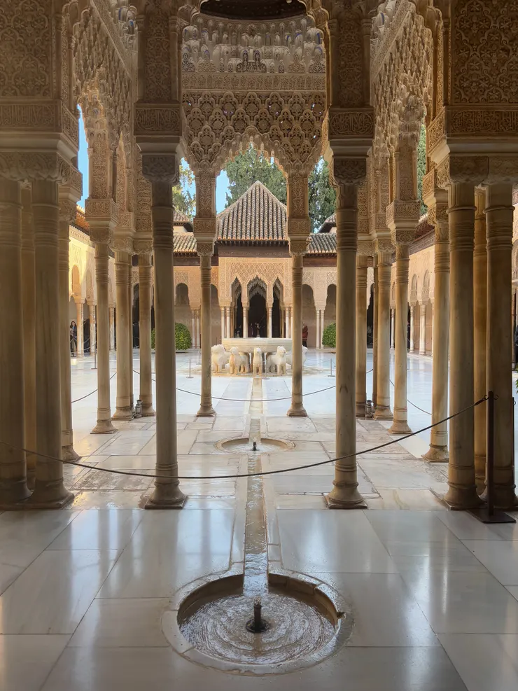 12隻獅子雕像支撐著水盆，細柱拱著華麗的屋頂。這裡就是著名的獅子中庭。