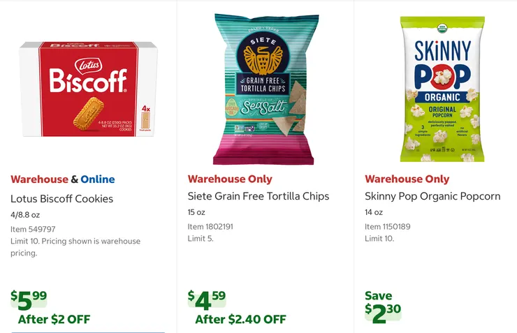 蓮花焦糖餅乾、無穀物海鹽玉米餅片、Skinny Pop 有機爆米花 $6.99。