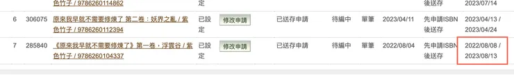 電子書送存系統的後台紀錄，我第一本書的書號核發日是2022.08.08，剛好兩年了